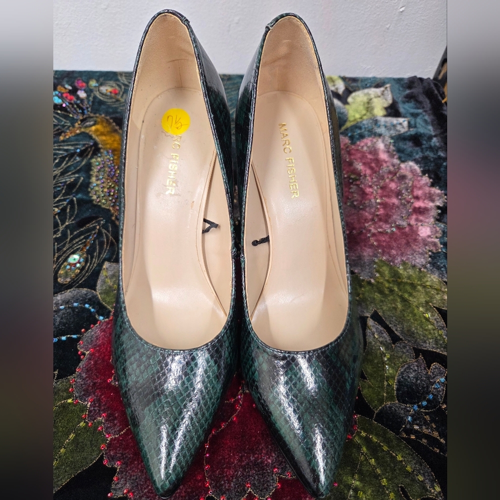 Marc Fisher Dark Green Snakeskin Heels